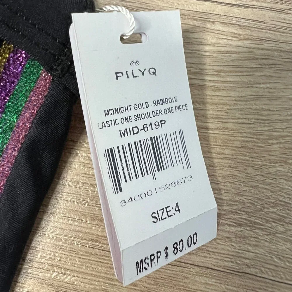 NWT Pilyq Girls One Shoulder One Piece Swimsuit Black Rainbow Metallic Size 4‎